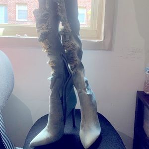Never worn denim washed ripped thigh boots